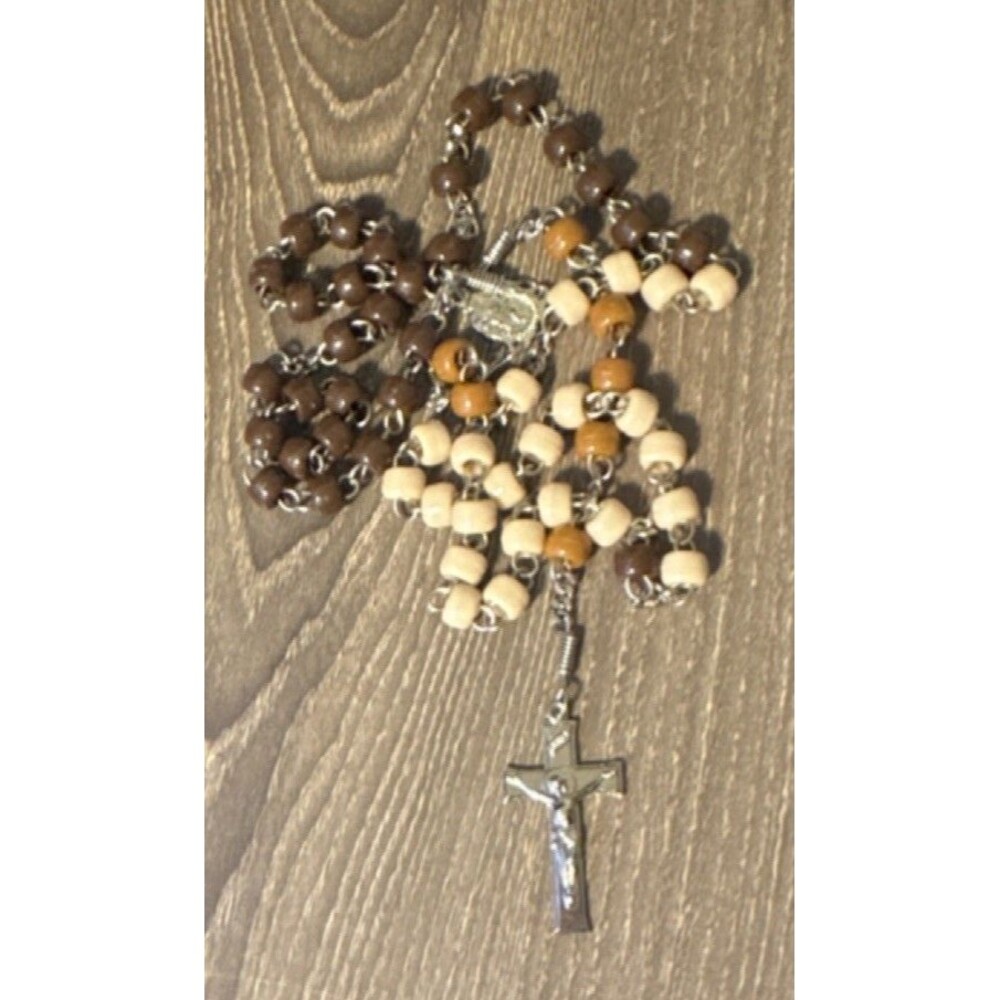 Wood, Metal, Brown, Cream Bead Christian Rosary with Silver Crucifix